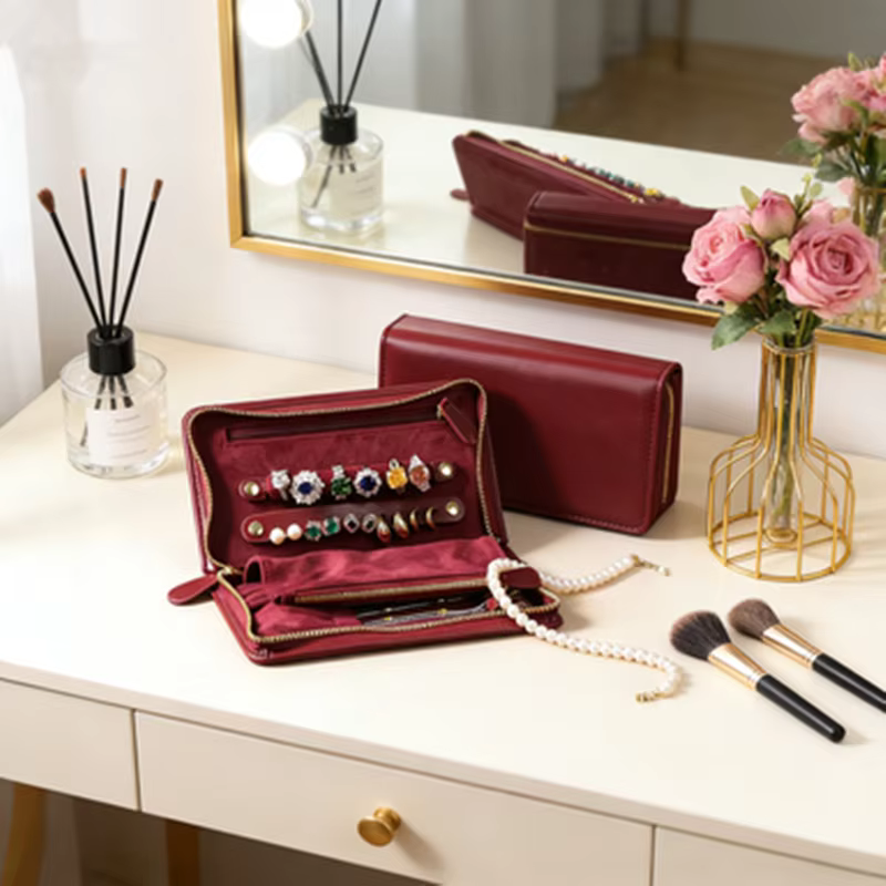 Étui de voyage pour bijoux en cuir PU - Sac organisateur portable pour bagues/colliers