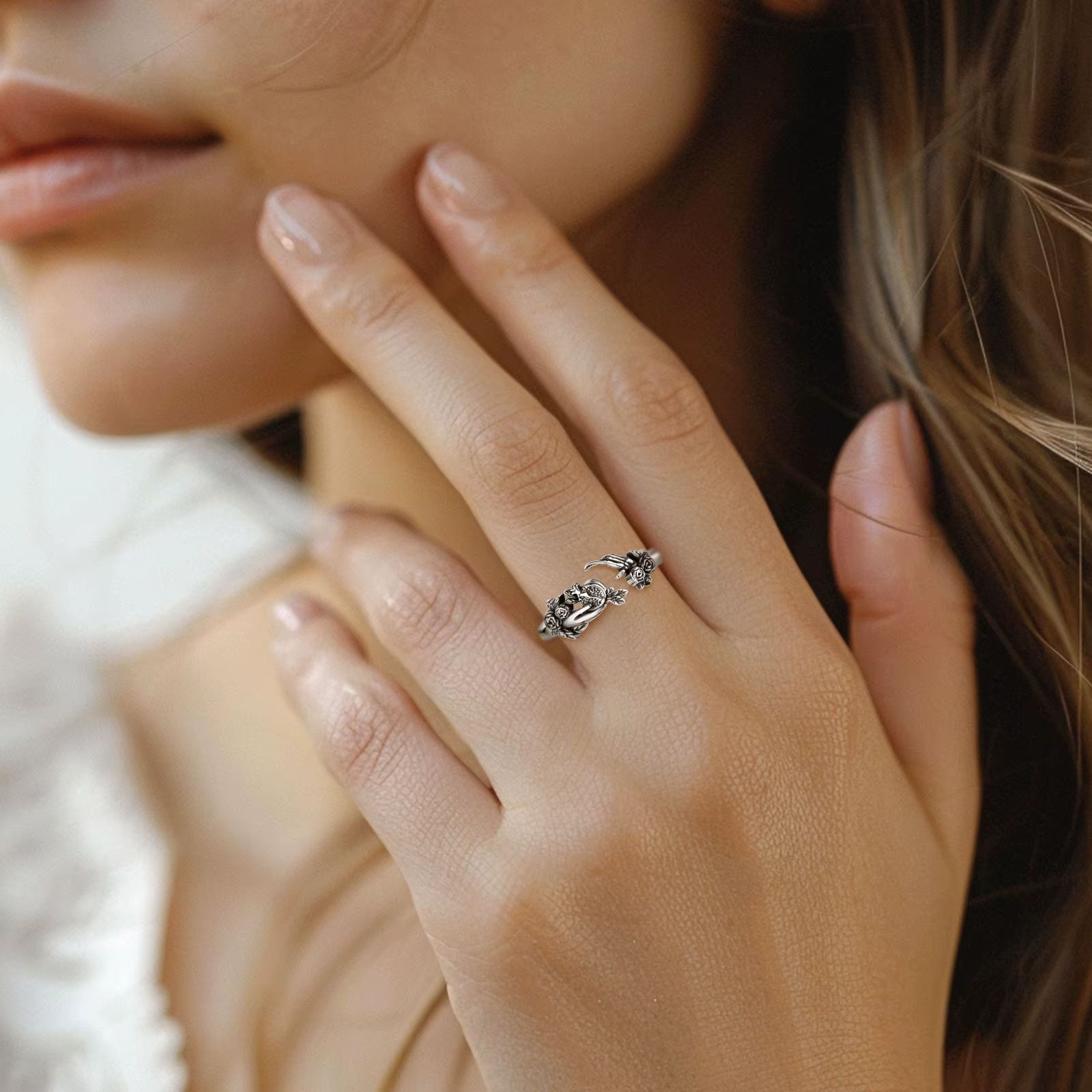 Bague ajustable Eudora en argent sterling 925, déesse sombre Persephone, bague crâne grenade, mythologie grecque, bijoux Wicca pour femmes