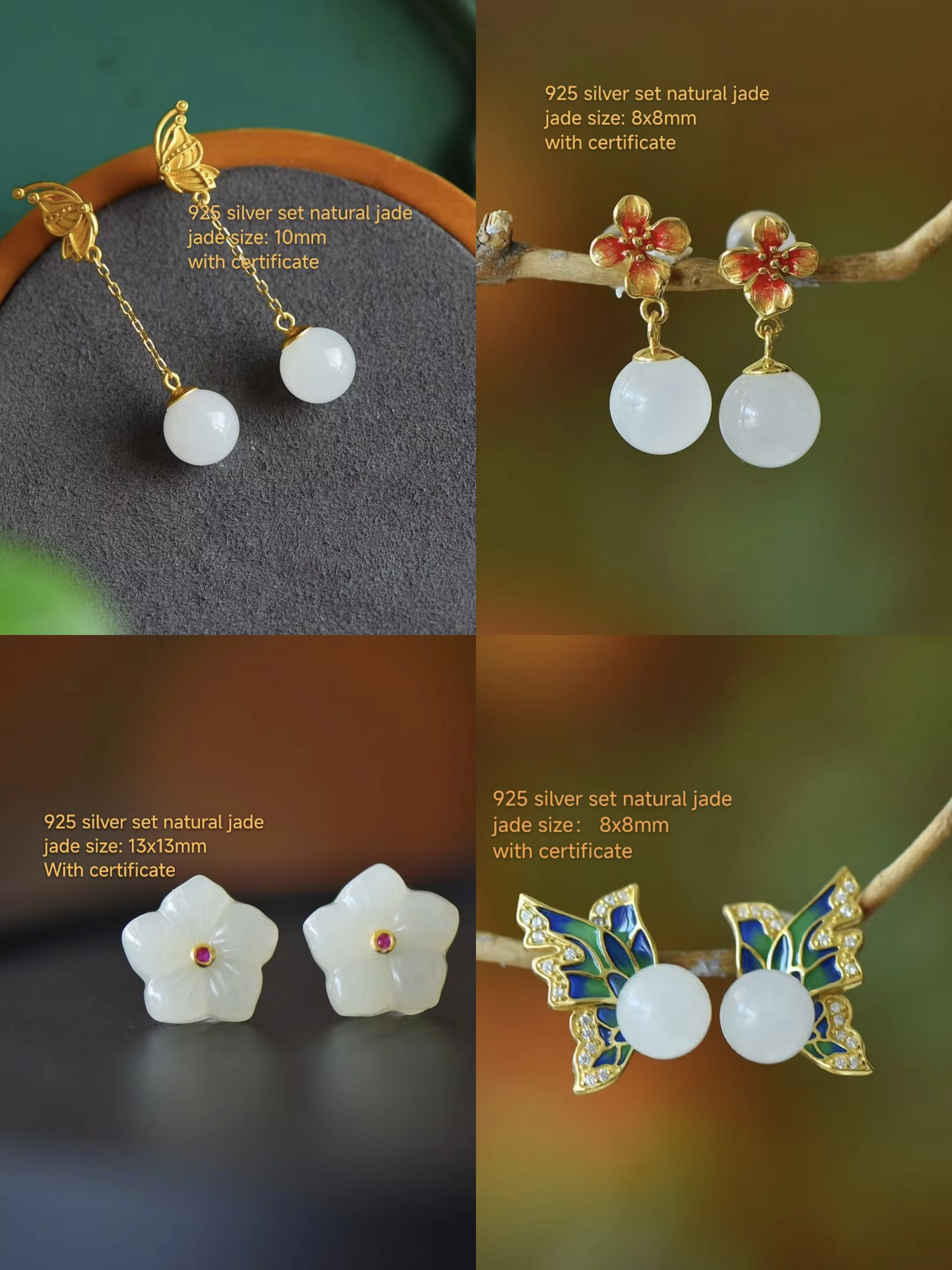 Certifié Vintage mode 925 argent ensemble naturel blanc Jade fleur oreille Stud véritable néphrite goutte balancent gland boucle d'oreille bijoux