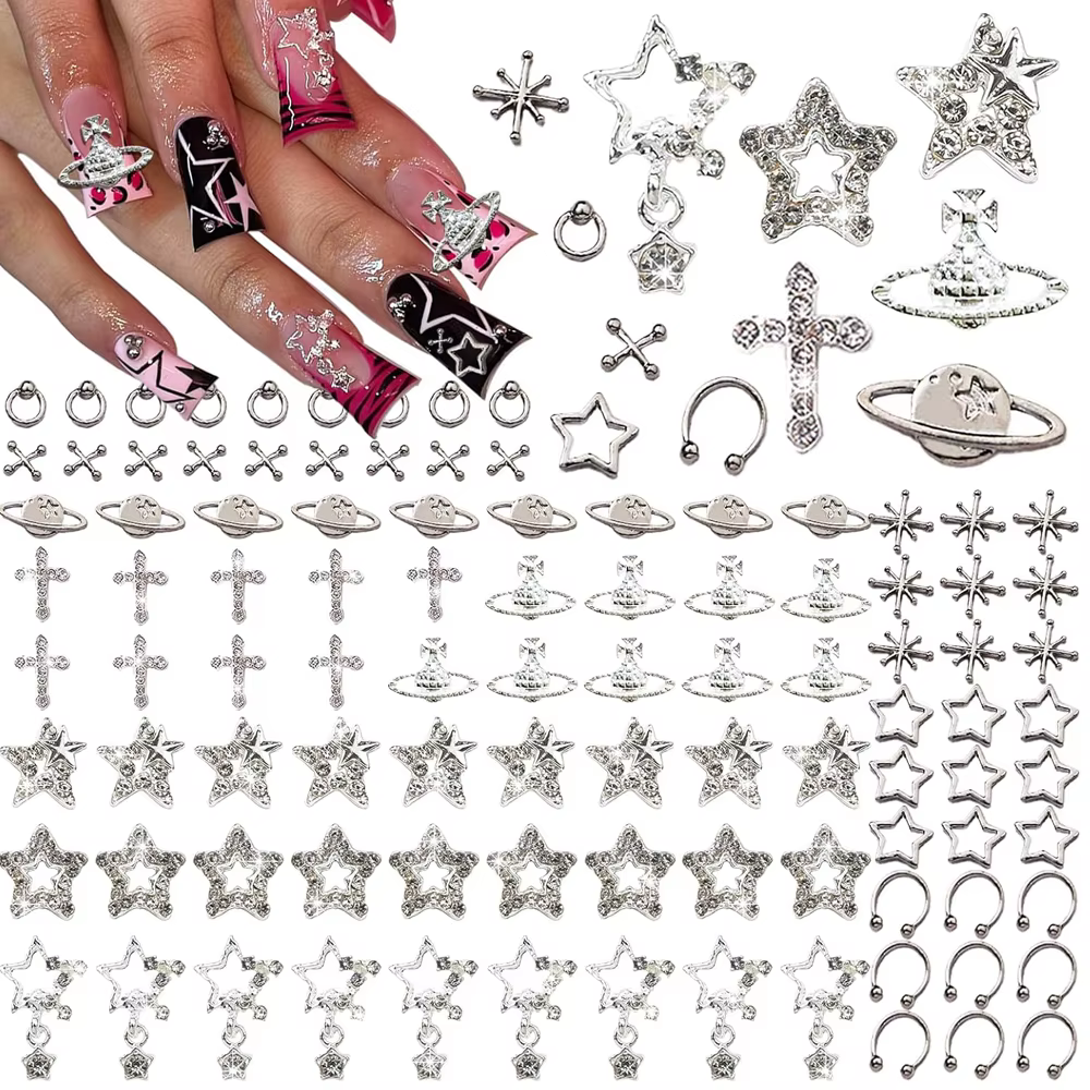 Breloques à ongles en alliage pour Nail Art, étoile argentée, planète, croix, décoration, charbon, bijoux, accessoires, N64.110 pièces