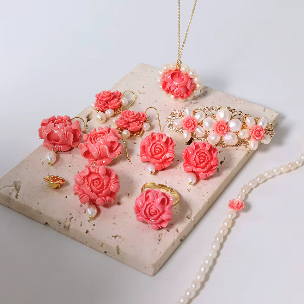 Boucles d'oreilles en perles d'eau douce de corail rose