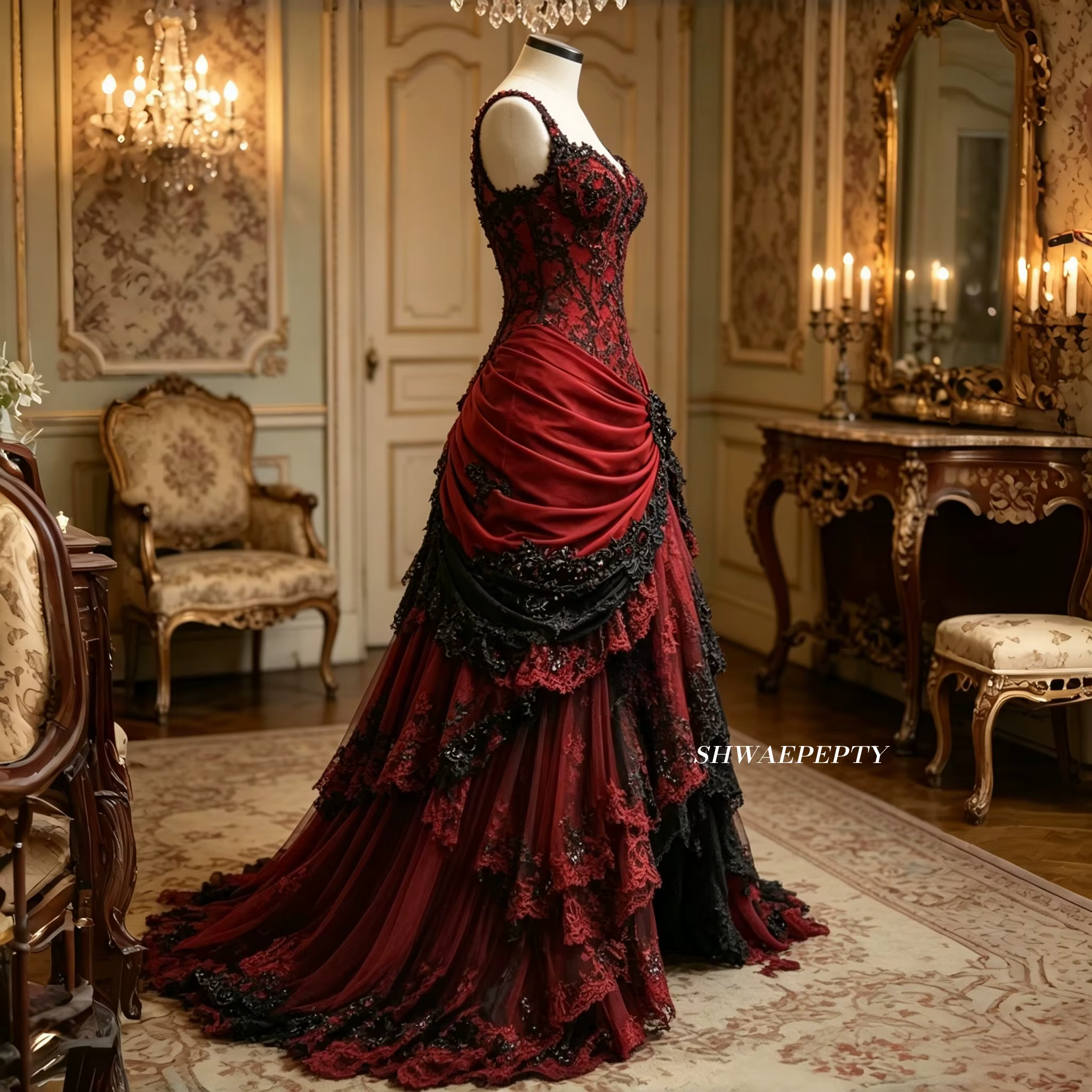 Robe de mariée gothique bordeaux et noire avec appliques en dentelle