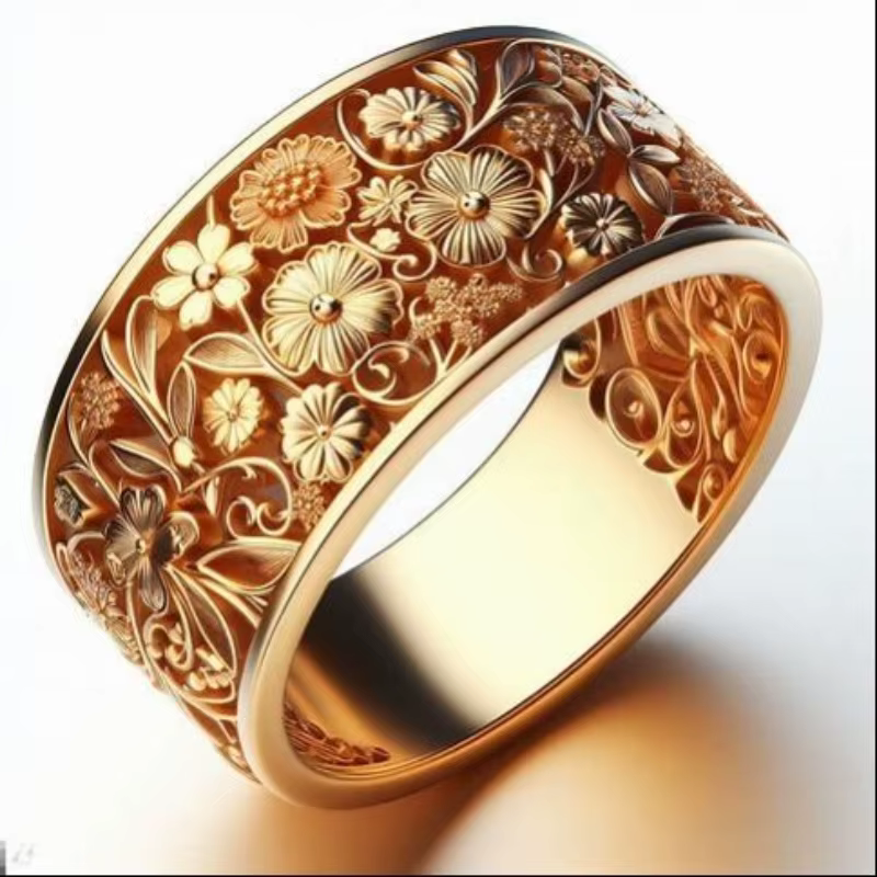 Bague en cuivre de style rétro à motif floral en relief