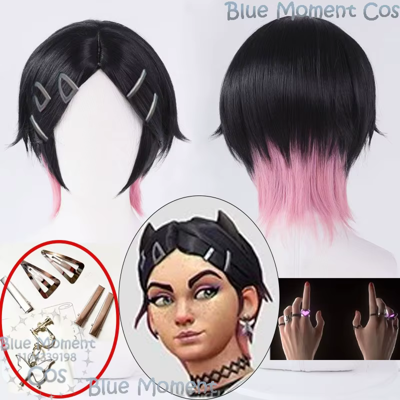 Jeu de clous de girofle VALORANT Cosplay accessoire perruque pince à cheveux oreilles chaîne anneau noir court mignon femmes fille Halloween Roleplay tenue personnalisée
