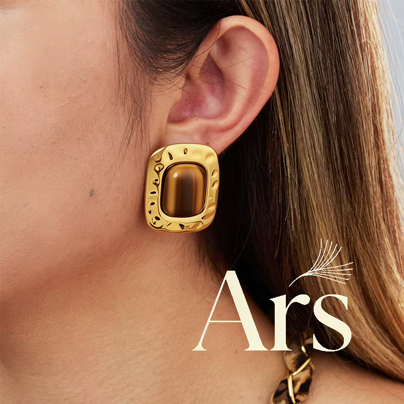Ars Boucles d'oreilles vintage en pierre d'agate plaqué or 18 carats