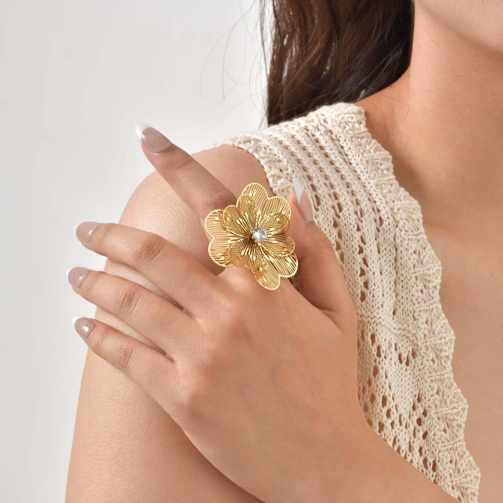 Bague d'ouverture de fleur en Zircon de luxe pour femmes, bagues exagérées en acier inoxydable plaqué or, cadeau de bijoux rétro