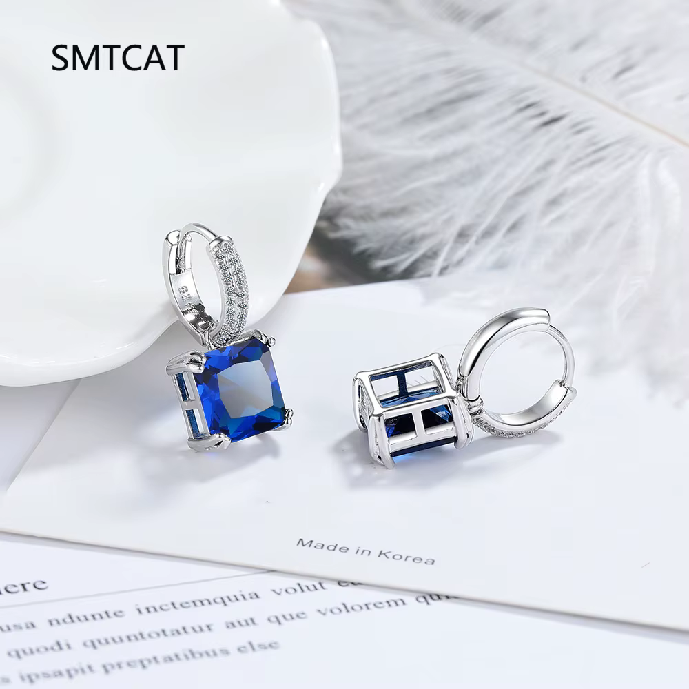 Boucles d'oreilles en argent Sterling 925 avec saphir bleu