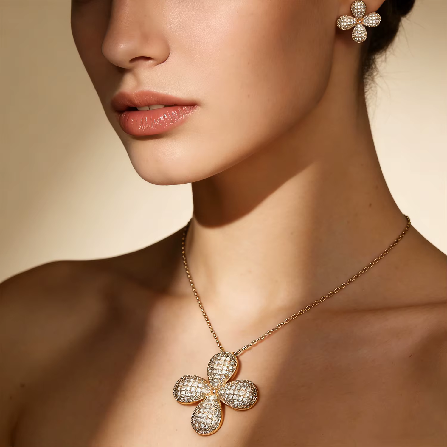 Ensemble de collier et de boucles d'oreilles en or plaqué 18 carats avec trèfle à quatre feuilles entièrement pavé