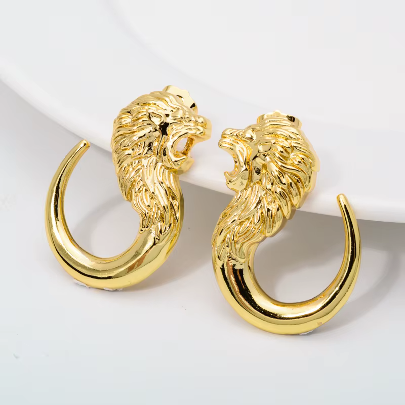 Ensembles de bijoux ensoleillés Hip Hop tête de Lion conception exagérée boucles d'oreilles pendentif collier femmes cuivre plaqué or de haute qualité
