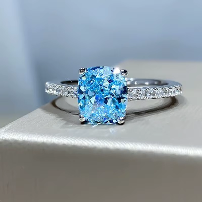 Bague de mariage carrée bleue en argent regardé 925 pour femme