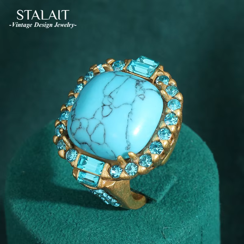 Bague Turquoise Art Déco vintage | Plaqué or 18 carats et cuivre | Conception de pierre sertie de broches