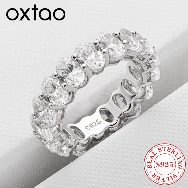 OXTAO 6x4mm coupe rayonnante terne éternité bague de fiançailles Zircon 925 en argent Sterling bande de mariage fête romantique bijoux cadeau