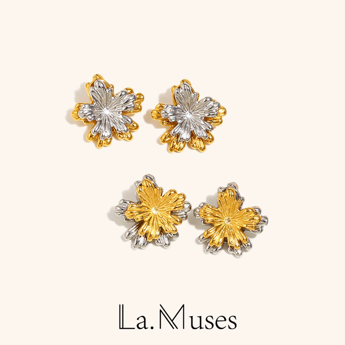 La. Muses – boucles d'oreilles rétro Double couche en acier inoxydable pour femmes, feuilles de couleurs mélangées, plaqué 18K, bijoux imperméables à la mode, cadeau