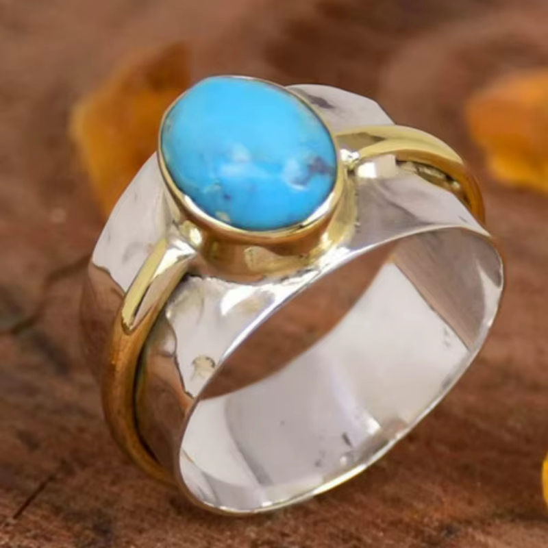 Bague ethnique pour femme en imitation turquoise incrustée