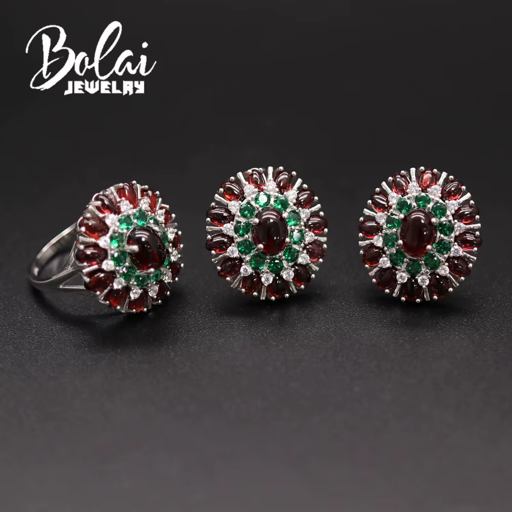 BolaiJewelry-Ensemble bague et boucle d'oreille en grenat naturel