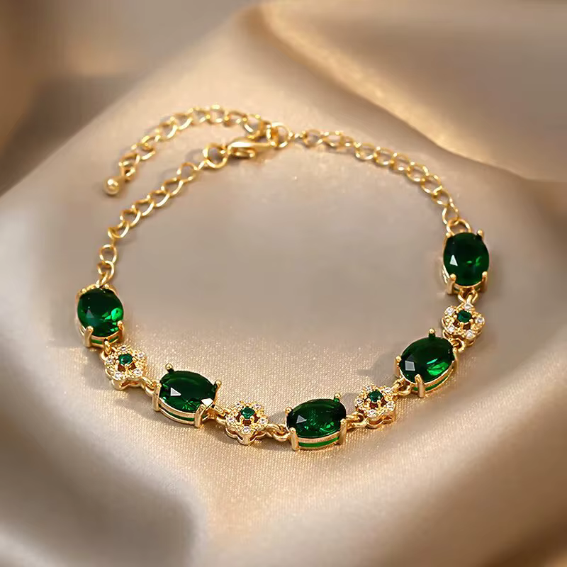 Luxe Vert Strass Cristal Bracelet Or Couleur Lien Chaîne Bracelets Pour Femmes Vintage Fête Mariage Bijoux De Mariée Cadeaux