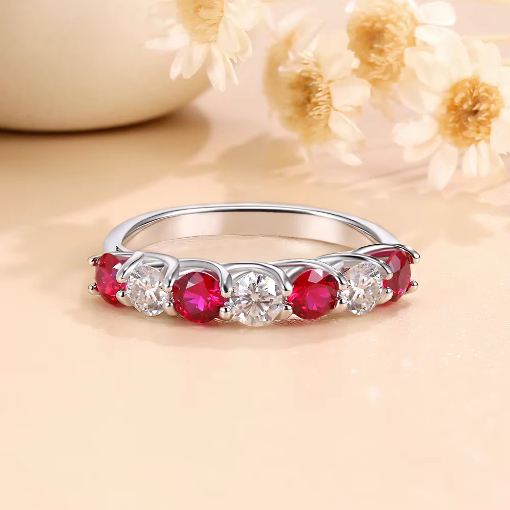 Linkerlove demi-éternité saphir/émeraude/rubin alliance créé en laboratoire pierre précieuse S925 bague de fiançailles Moissanite en argent Sterling