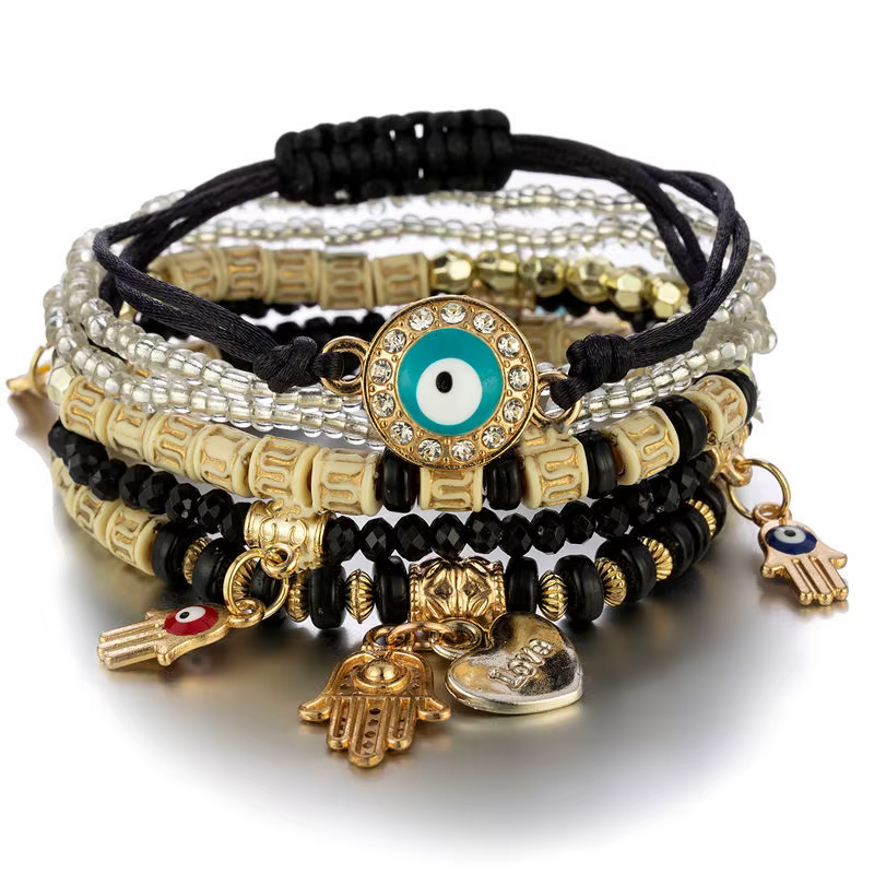Ensemble de bracelets bohème mauvais œil pour femmes, 6 pièces, main de Fatima, cœur, breloque, corde perlée, chaîne, bijoux cadeau