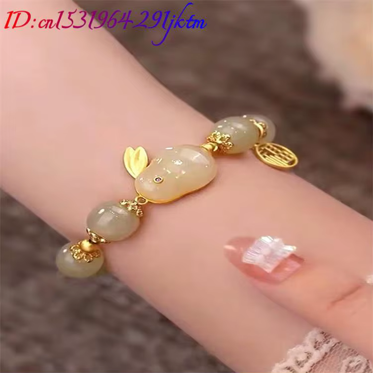 Bracelet lapin en Jade véritable, cadeaux pour femmes, pierres précieuses de styliste, amulette d'agate sculptée, bijoux naturels, accessoires Vintage