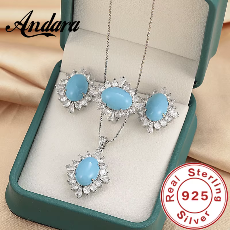 Andara Light luxe 925 en argent sterling collier boucles d'oreilles bague Paraiba bleu plein diamant zircon pendentif ensemble