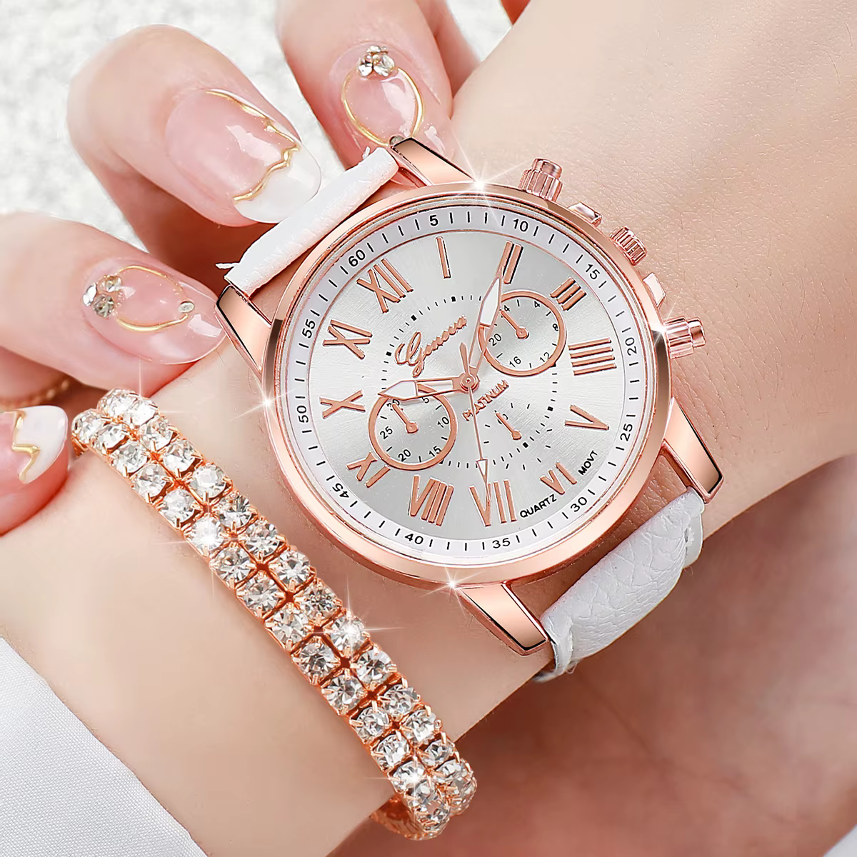 Ensemble montre femme en cuir blanc et or rose