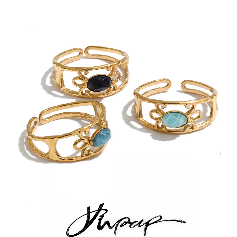 Yhpup – bague réglable en acier inoxydable pour femmes, pierre d'agate amazonite, apatite, couleur or, bijoux géométriques modernes et tendance