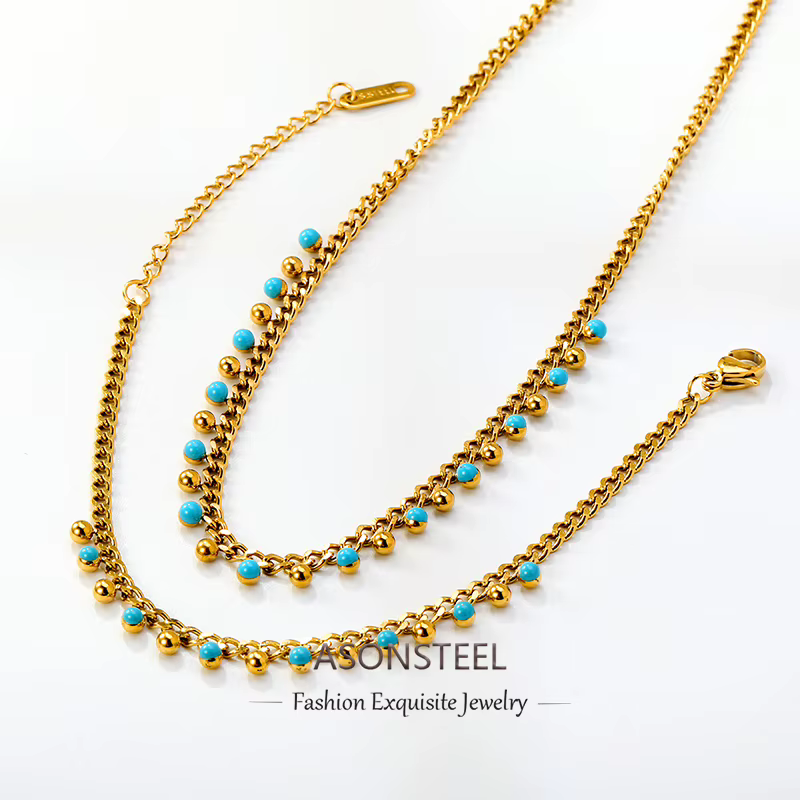 ASONSTEEL Bohemia – ensemble de bijoux en acier inoxydable avec pendentif et bracelet à perles bleues pour femmes