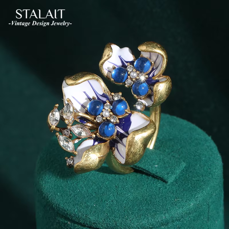Bague ajustable Vintage en opale bleue pour femme