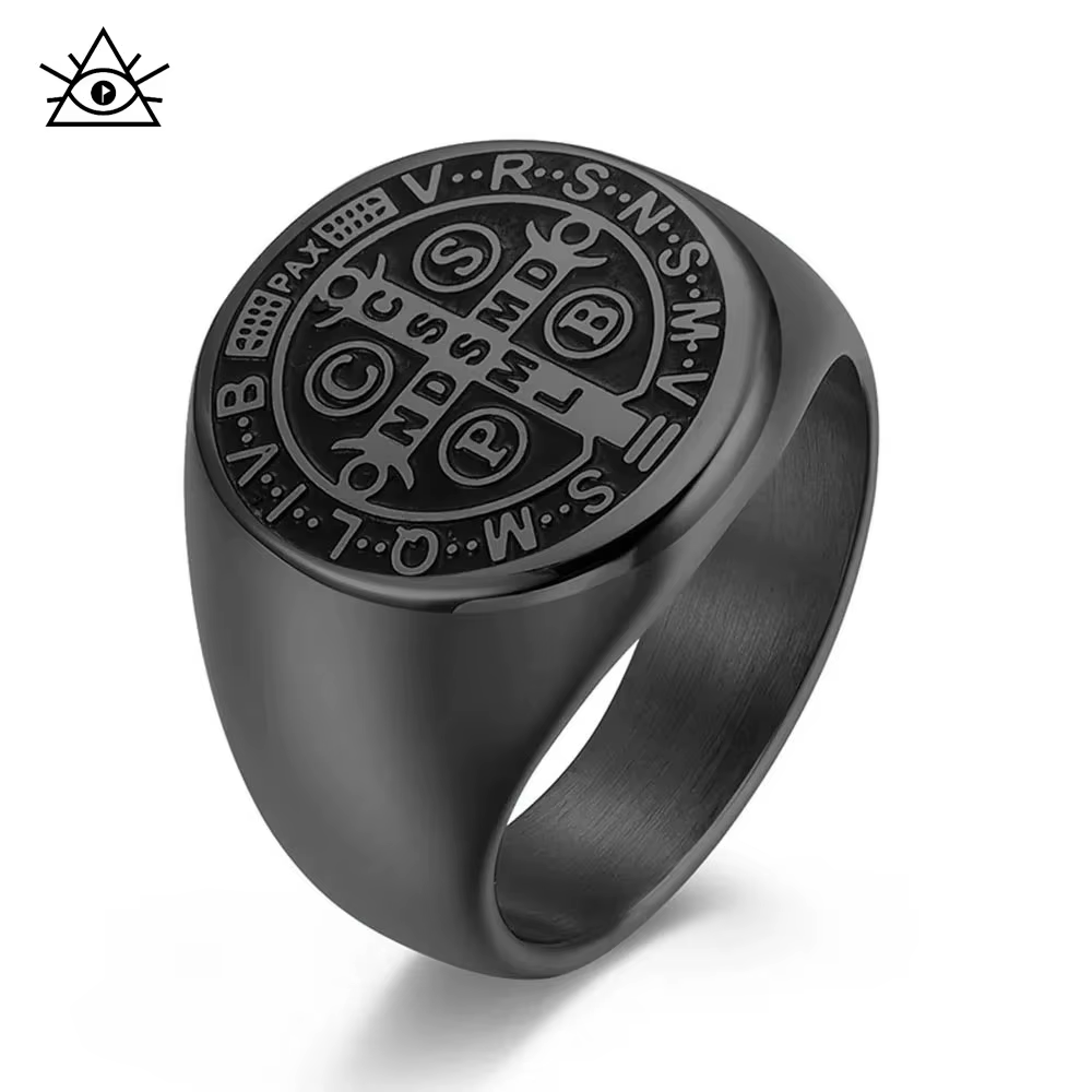 Bague Vintage religieuse en forme de croix chrétienne de Saint benoît pour hommes