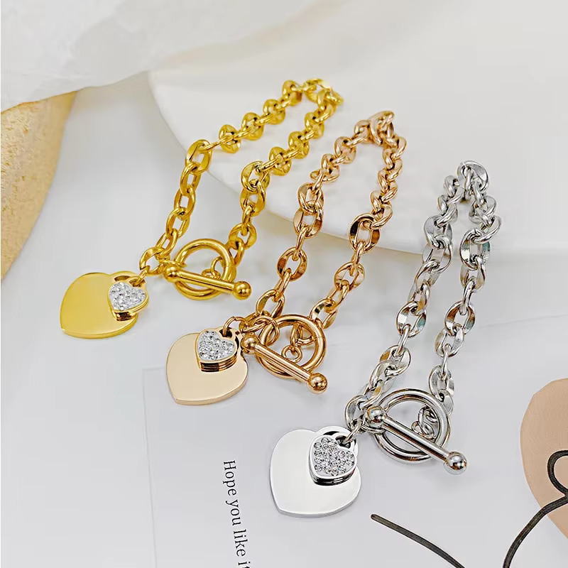 Bracelets en acier inoxydable pour femmes, couleur or/argent, forme de cœur, zircone, bracelet de haute qualité, bijoux anti-ternissement