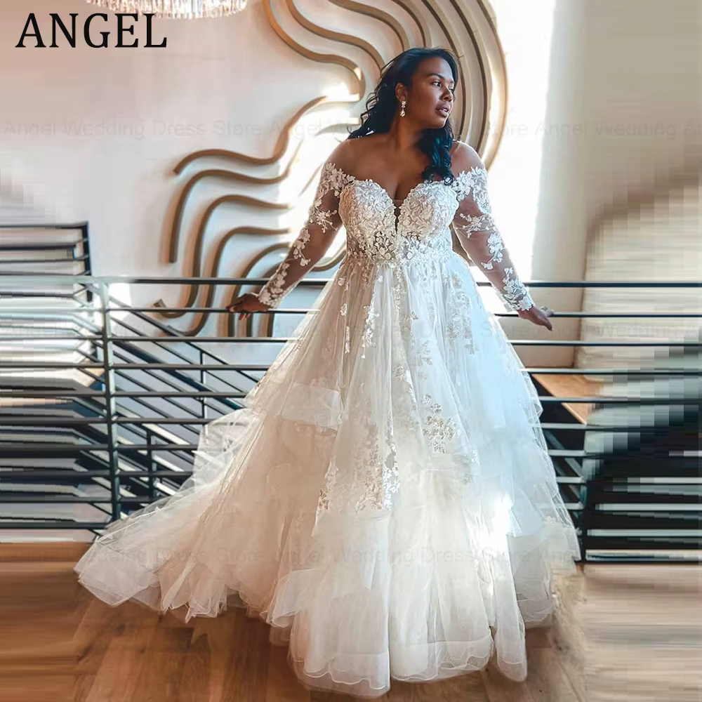 ANGEL magnifique grande taille robes de mariée personnalisé 2025 a-ligne Tulle dentelle Appliques