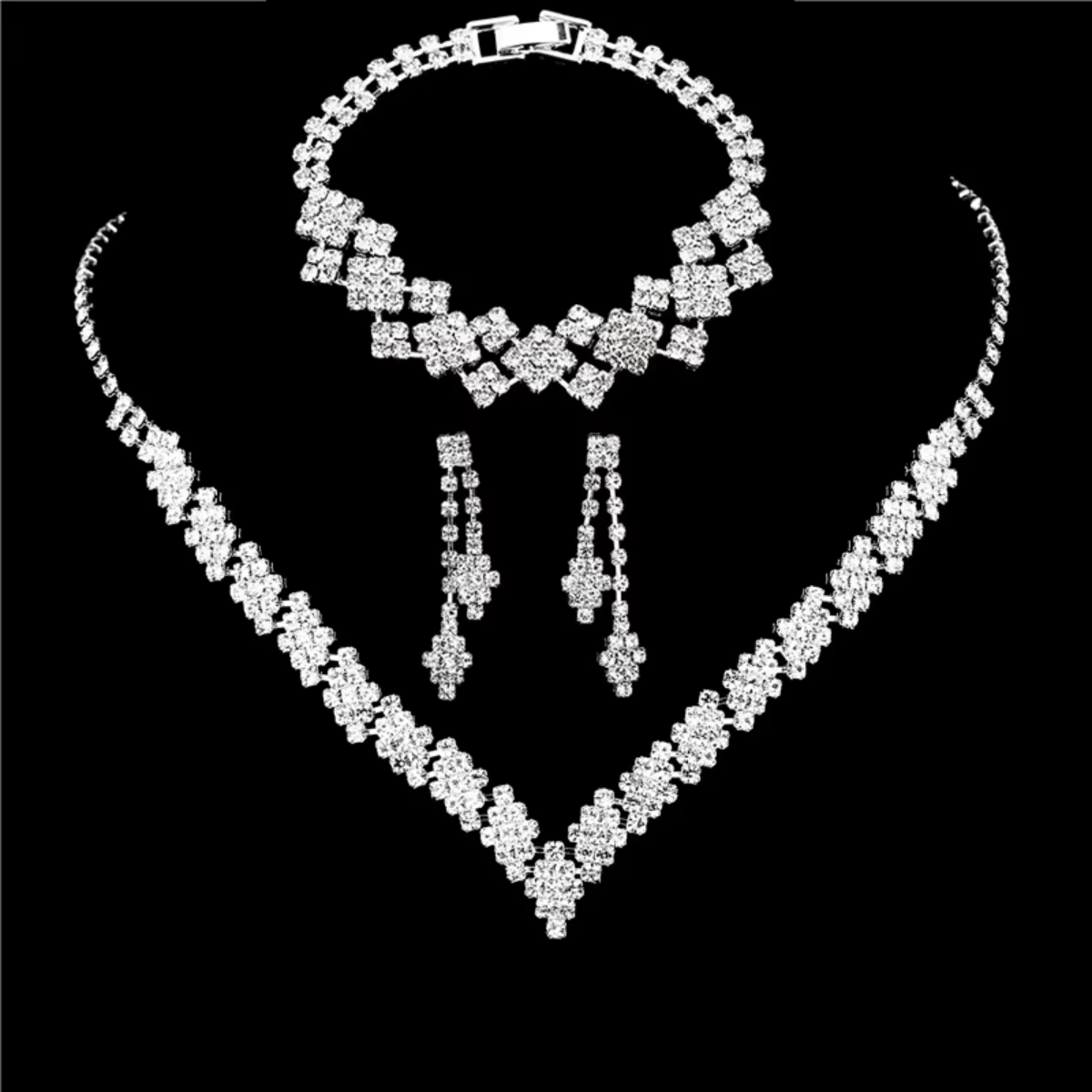 Collier de boucles d'oreilles à pampilles pliantes en strass plaqué argent à la mode