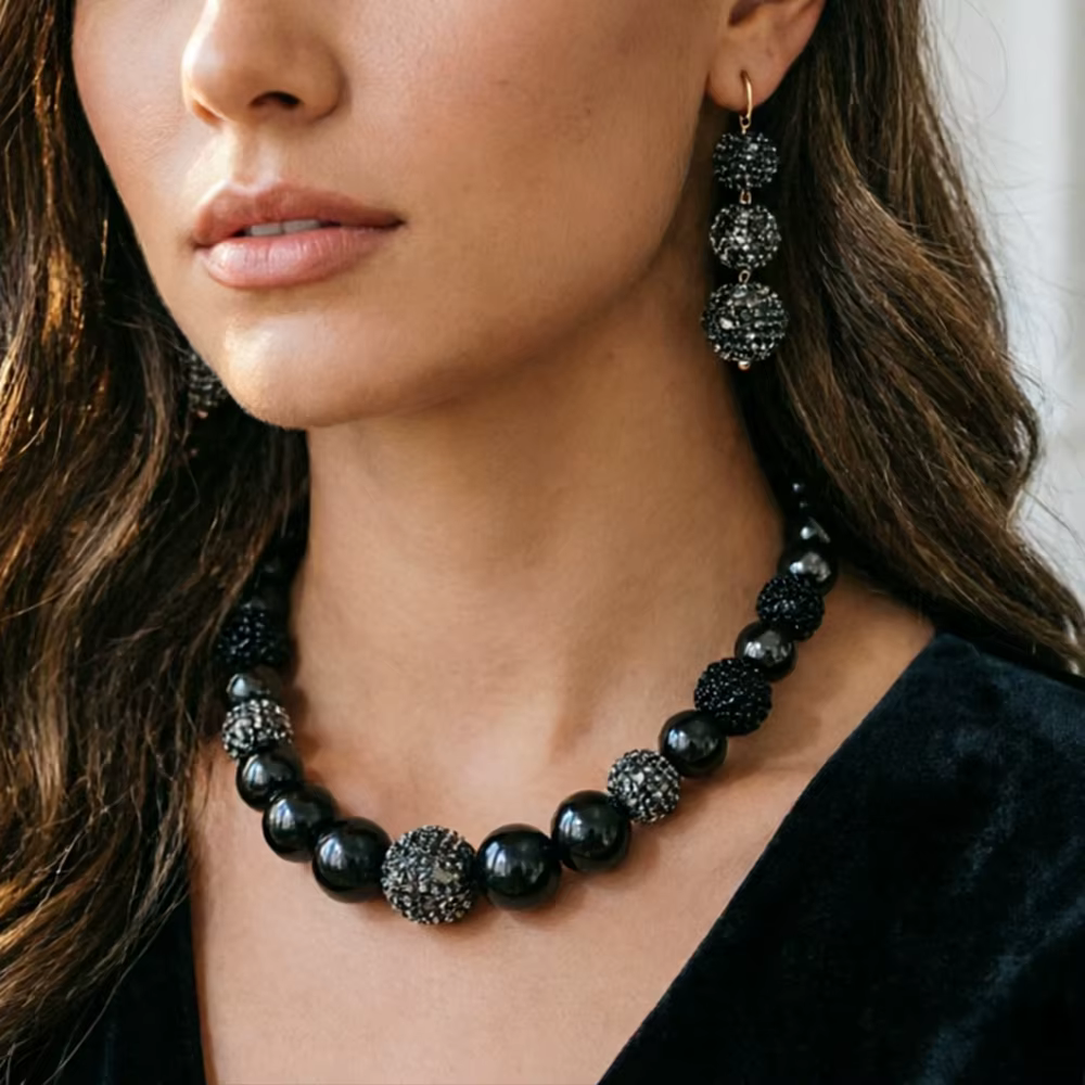 Ensemble de bijoux boule de cristal noir et argenté