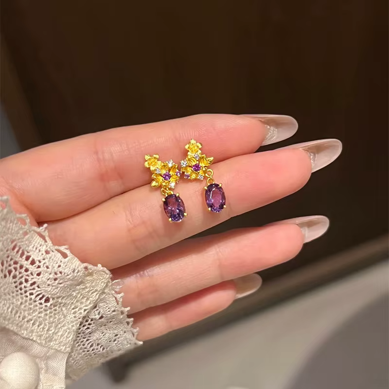 Boucles d'oreilles en améthyste avec incrustation de diamants violets pour femmes