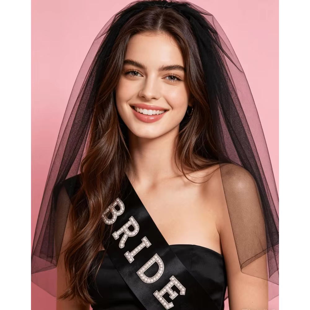 Ensemble voile et écharpe noirs pour future mariée