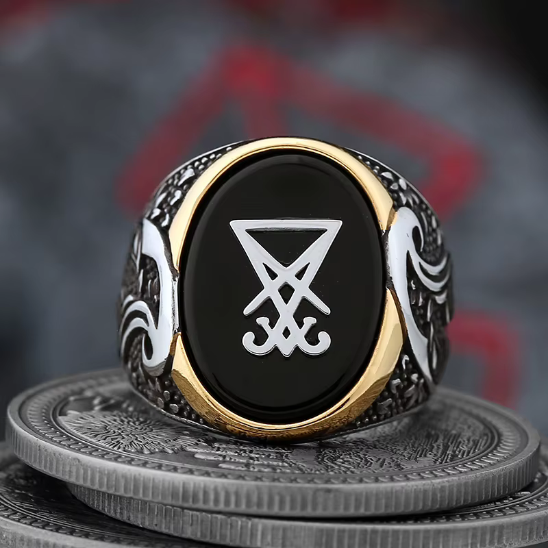 Bague Vintage Sigil Lucifer Rock en acier inoxydable 316L, bague en pierre de Satan pour hommes, bijoux Punk Rock, livraison directe