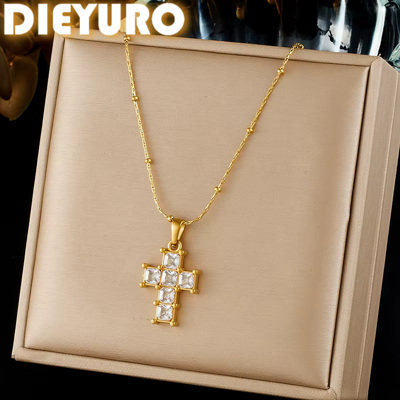 DIEYURO – collier avec pendentif croix dorée en acier inoxydable 316L
