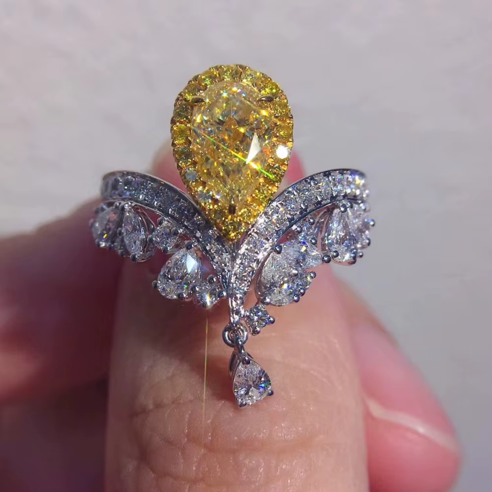 Bagues en argent regardé 925 avec zircon cubique jaune pour femme, bijoux de fête de fiançailles, bague de mariage élégante, cadeau d'amant, patients, goutte d'eau, papeterie
