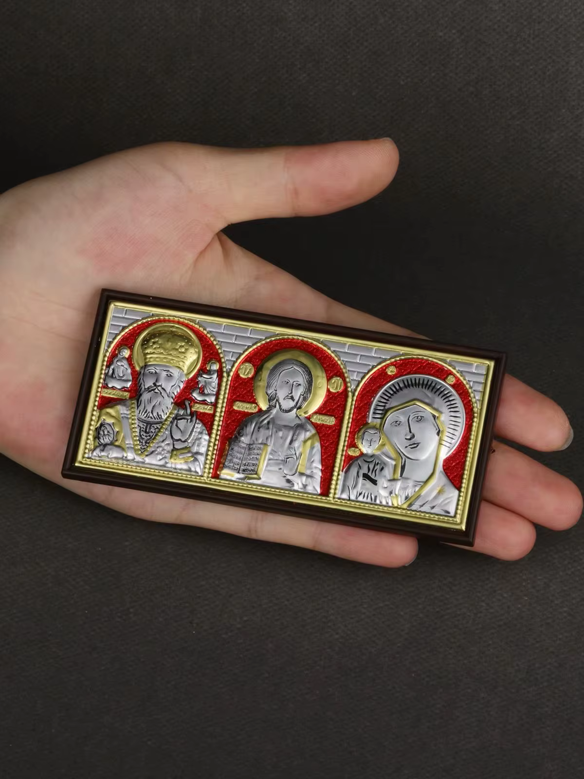 Orthodox Theotokos Pantocrator St. Nicolas, ornement en bois, Triple icône saint, affichage, porte murale autocollante, décor de pièce maîtresse de maison