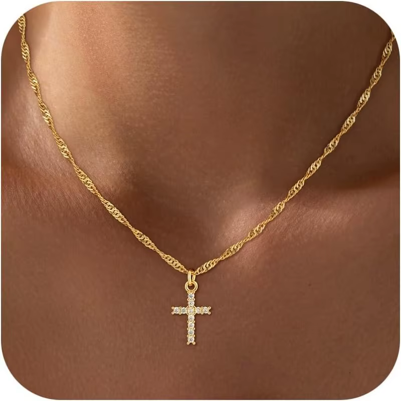 Collier croix en acier inoxydable plaqué or véritable 18 carats pour femmes et filles