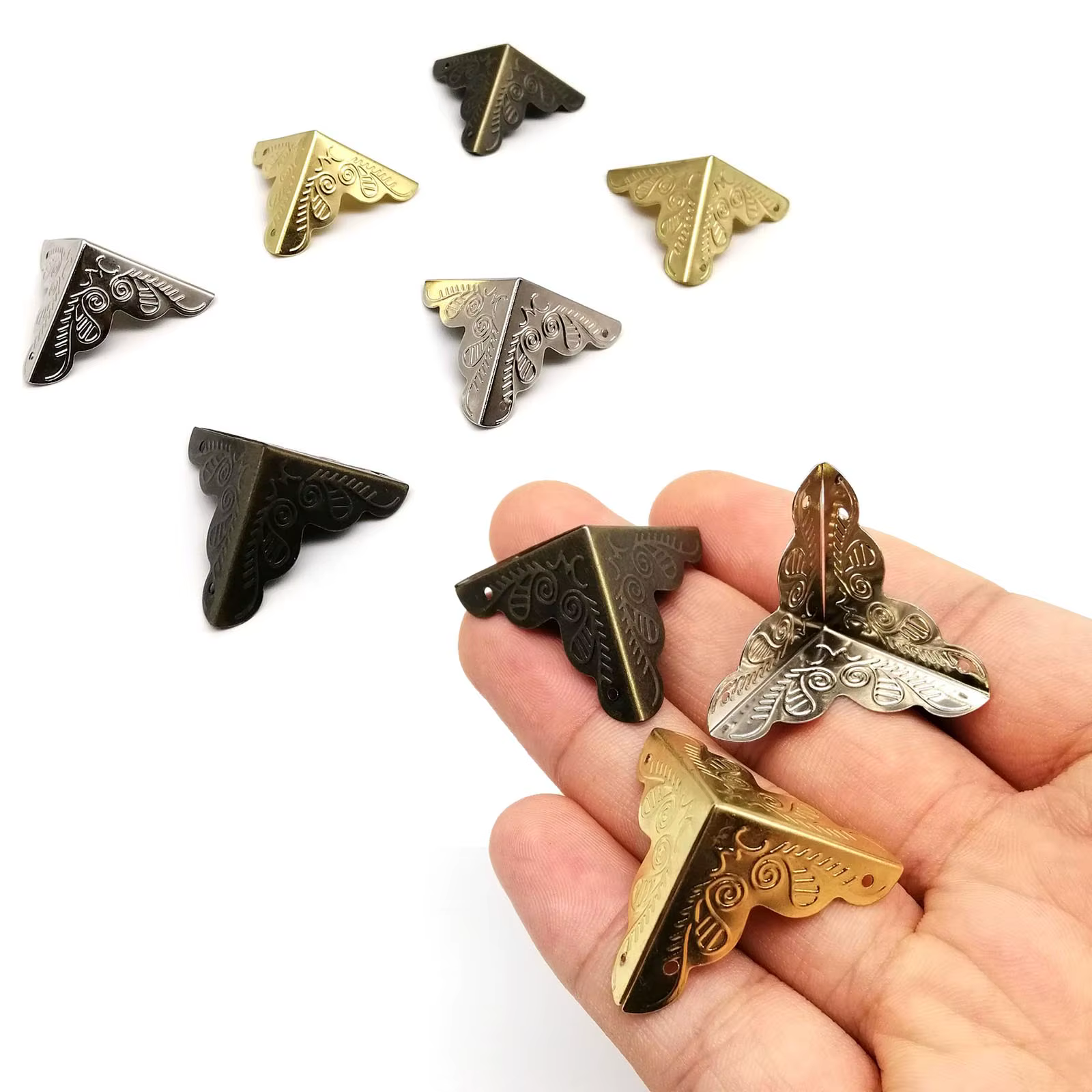 12 pièces couvercle de protection d'angle en métal pour coffre à bijoux en bois boîte à vin étui Antique Bronze doré argent décoratif bricolage avec clous