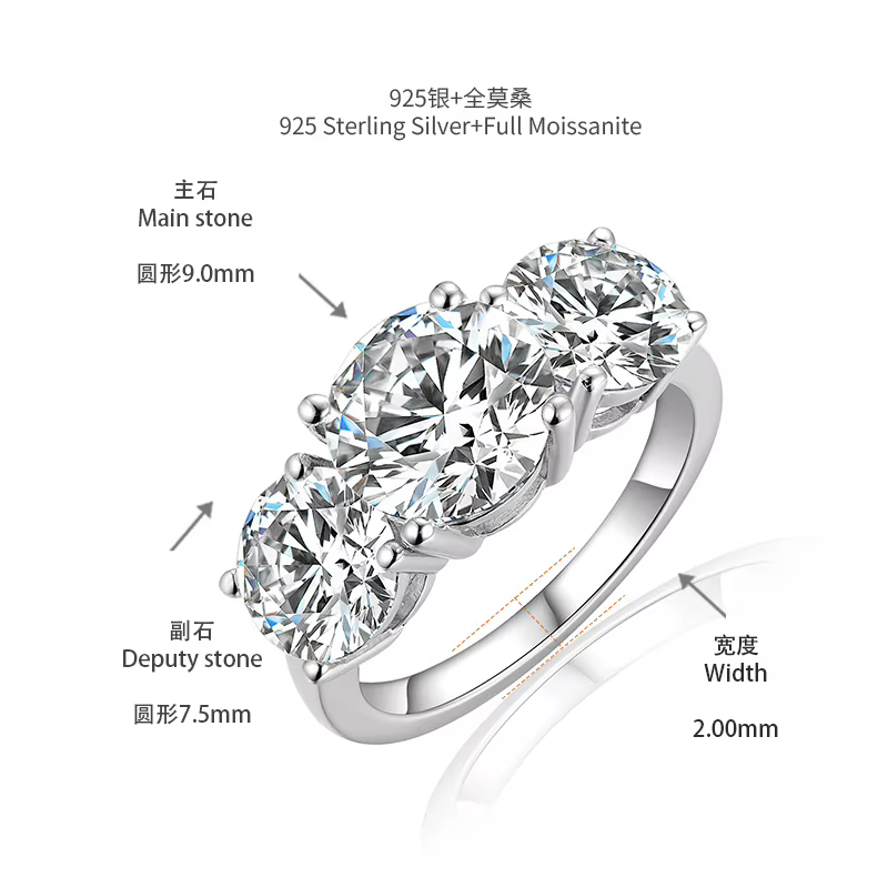 Bague de fiançailles LinkerLove en argent S925 avec 3 pierres en moissanite pour femme