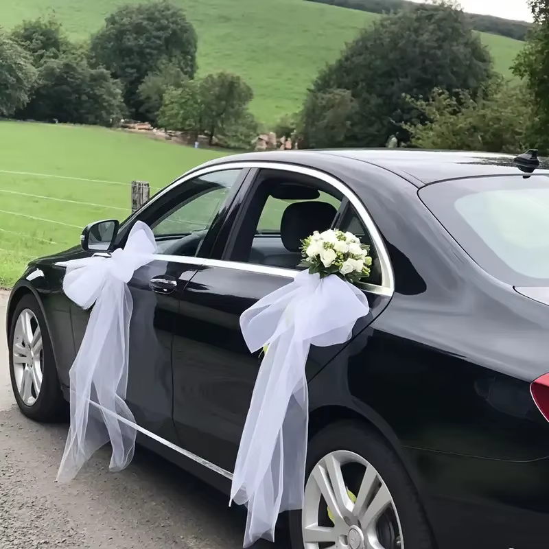 4 pièces de décoration de voiture de mariage en tulle gaze transparent