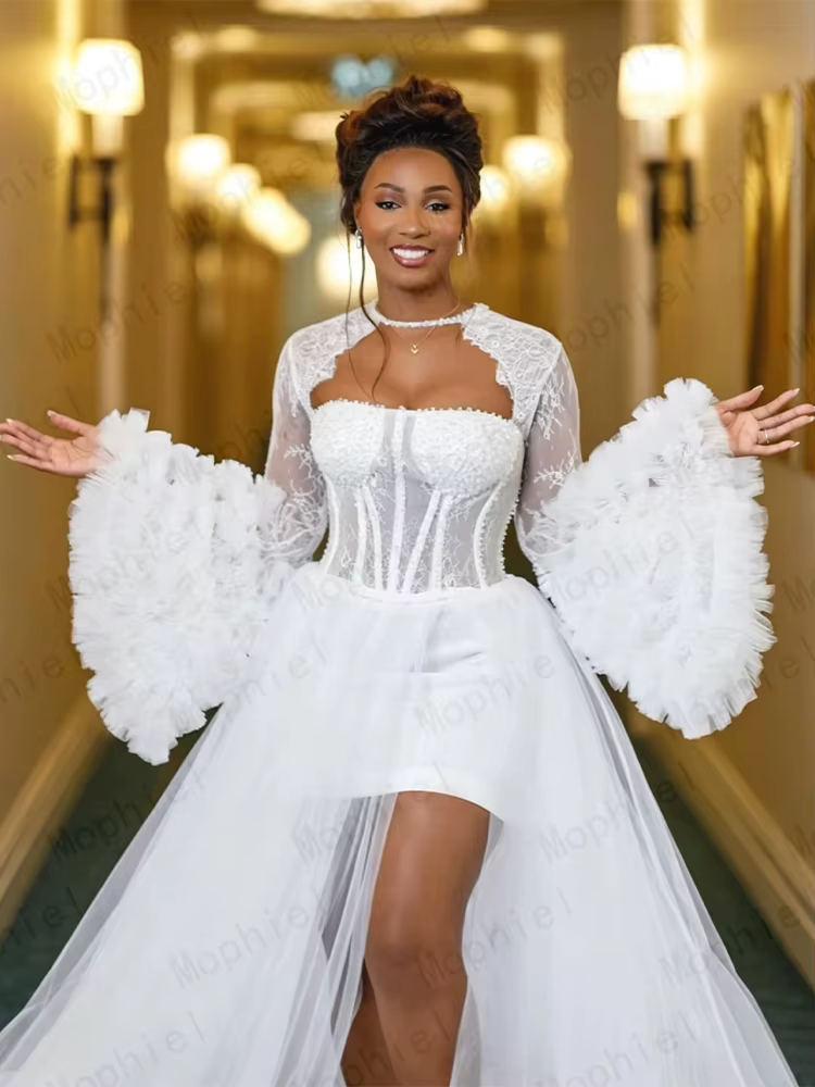 Robes de mariée Mophiel à manches longues évasées, robe de douche nuptiale, robe de mariée africaine de luxe en tulle fendue et dos nu, personnalisable