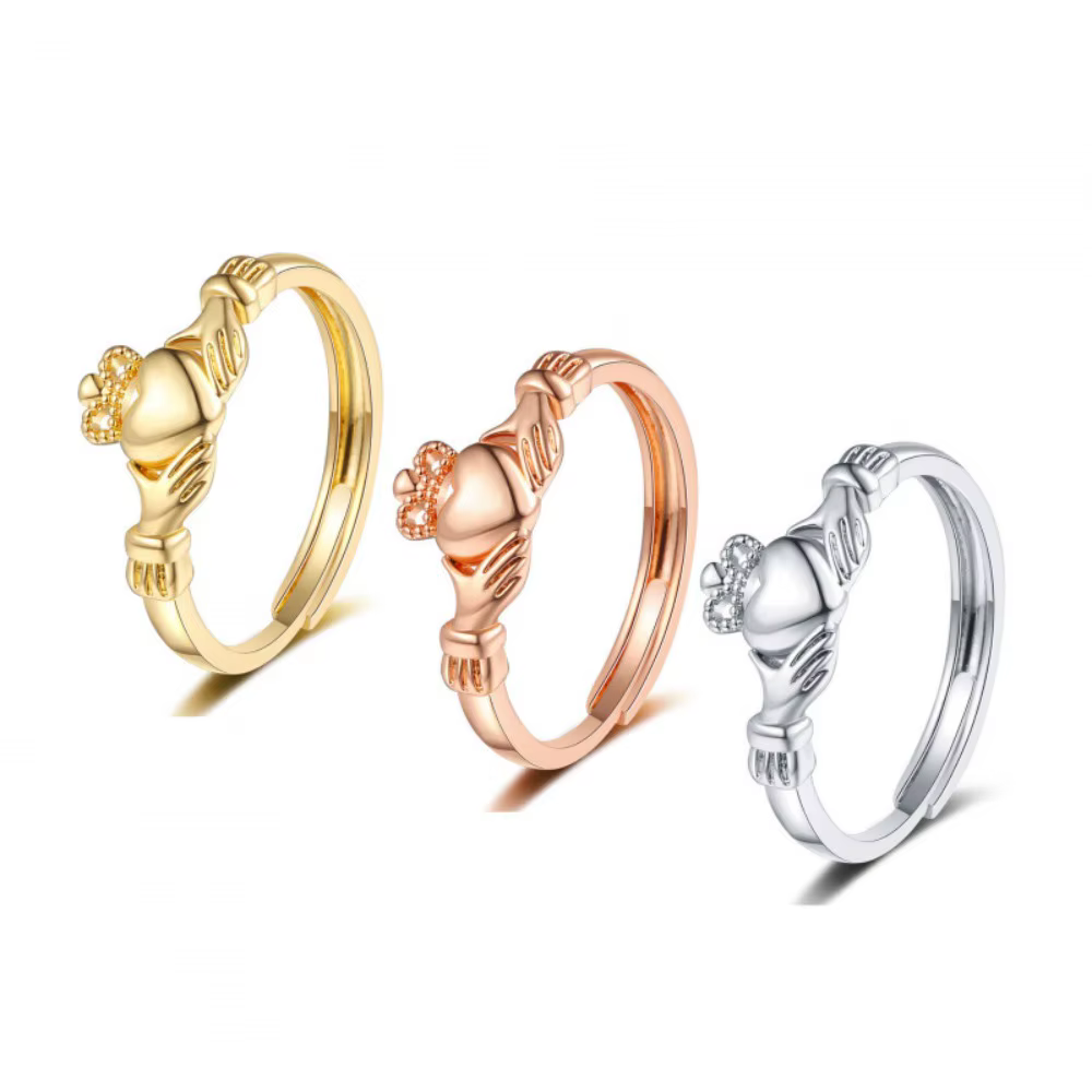 Bagues de promesse ajustables Claddagh Couronne Mains vers le Cœur