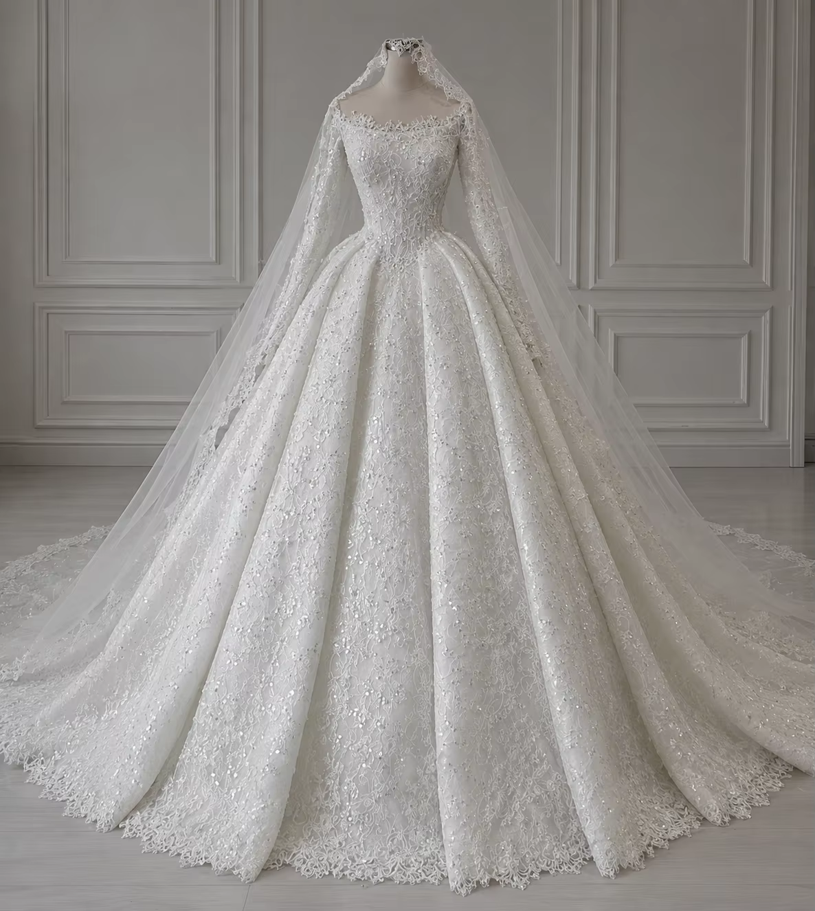 Robe de mariée de luxe en dentelle, manches longues, robe de bal de princesse, appliques scintillantes, robe de mariée sur mesure, Vestido De Novia