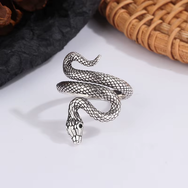 Bague Serpent Rétro Punk en Argent Sterling 925 pour Hommes et Femmes