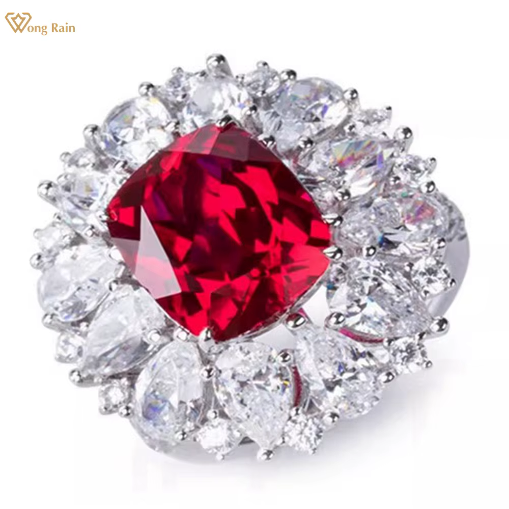 Wong Rain luxe 925 en argent Sterling 10*12 MM rubis haute teneur en carbone diamant gemmes bague de fiançailles de mariage pour les femmes bijoux fins cadeaux