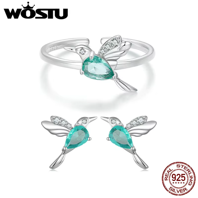 WOSTU – bague d'ouverture en forme de colibri vert menthe pour femmes