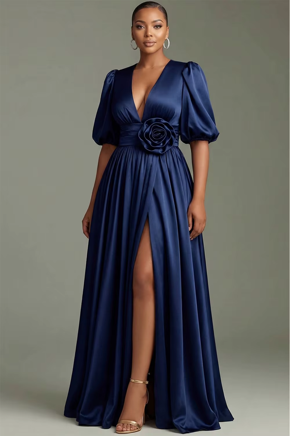 Robe de soirée longue en satin à manches bouffantes